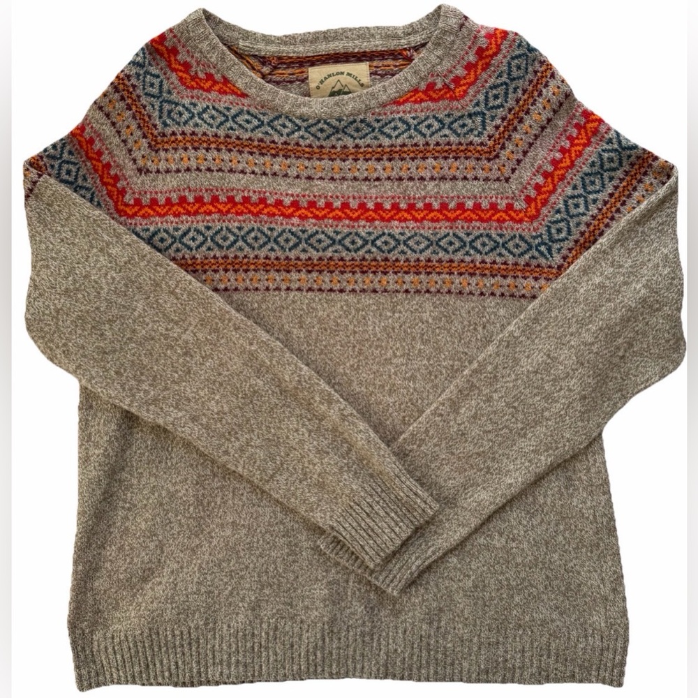 O'Hanlon Mills Sweater Men Large Tan Fair Isle Crew Neck Wool Blend Grandpa cozy